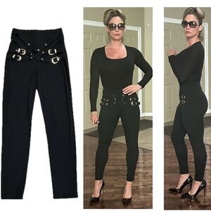 Black high waisted leggings gold tone buckle embellished detail stretchy spandex